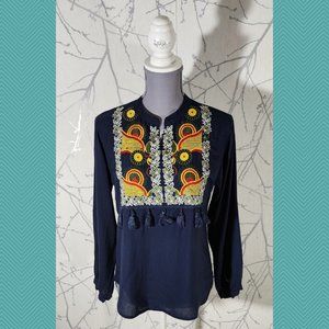 De'Four Navy Abstract Floral Embroidered Tassel Boho Blouse